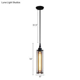 Industrial Metal Pendant Light With Tube Shade And Wire Guard - Black Finish