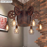 Industrial Metal Rust Pendant Lamp With Caged Globe - 4/6 Light Chandelier Fixture And Gear