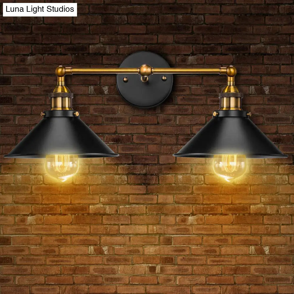 Industrial Metal Vanity Wall Light With Conical Shade - Retro Style 2-Light