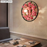 Industrial Metal Wheel Wall Mount Light With Flower/Leaf Decor 12.5/16.5 Diameter