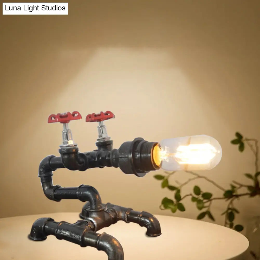 Industrial Metallic Bare Bulb Table Lamp With Pipe-Like Base - Black Finish