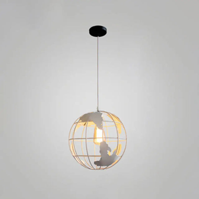 Industrial Metallic Pendant Light With Cage Globe Design For Coffee Shop - 1 Ceiling Fixture White