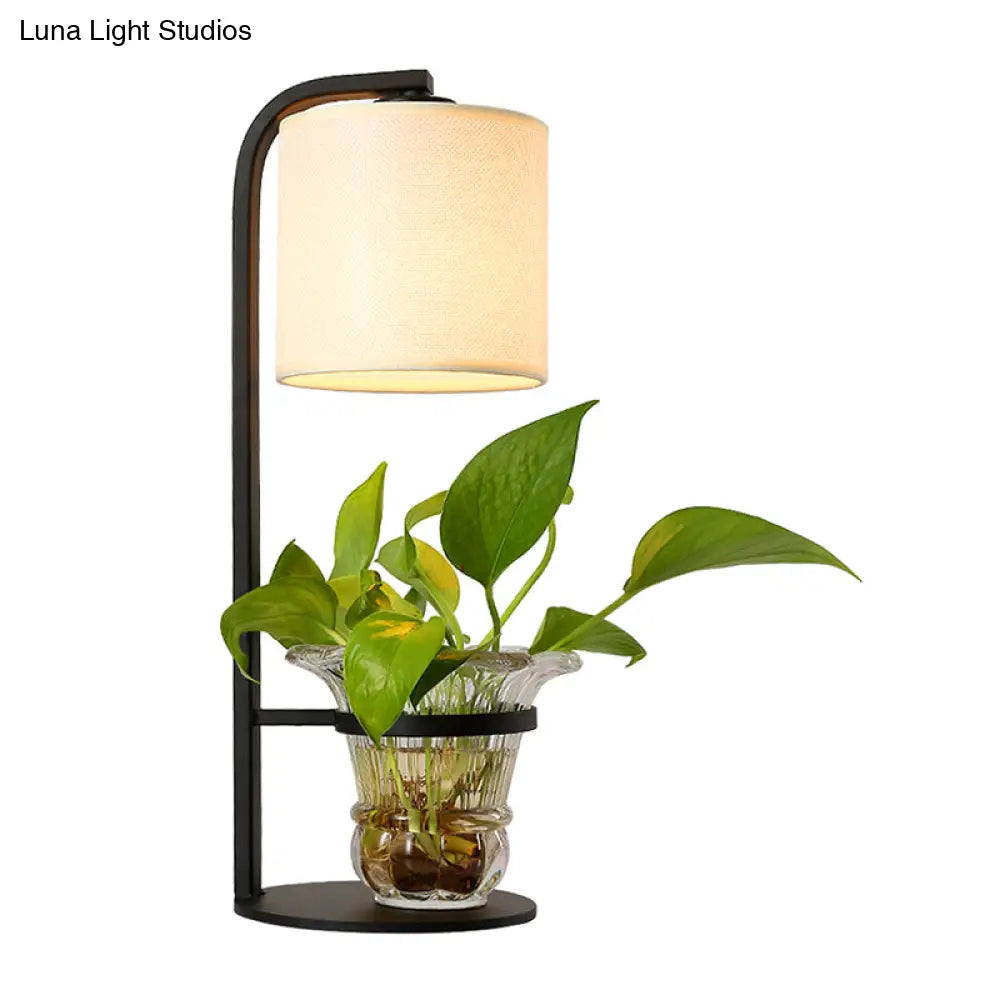 Industrial Nightstand Lamp With Black/White Fabric Clear Glass Plant Container And Night Light