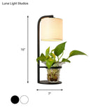 Industrial Nightstand Lamp With Black/White Fabric Clear Glass Plant Container And Night Light