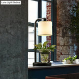 Industrial Nightstand Lamp With Black/White Fabric Clear Glass Plant Container And Night Light