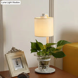 Industrial Nightstand Lamp With Black/White Fabric Clear Glass Plant Container And Night Light