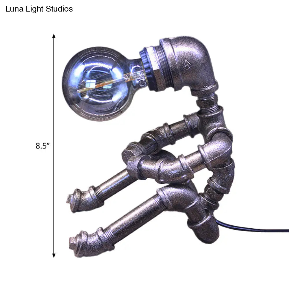Industrial Nightstand Light: Metallic Silver Table Lighting Robot Pipe With Exposed Bulb Design