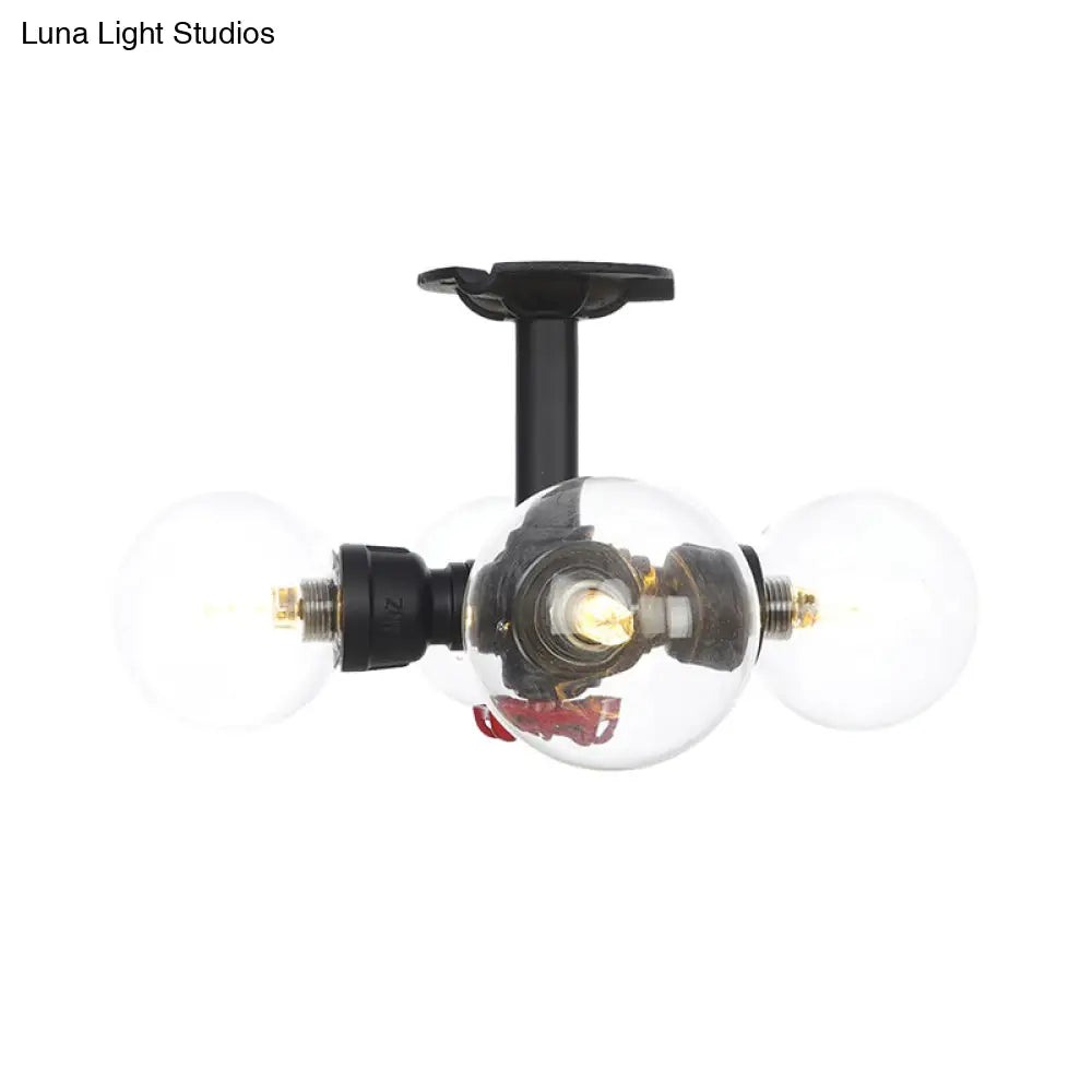 Industrial Orb Semi - Flush Clear Glass Led Lights In Black