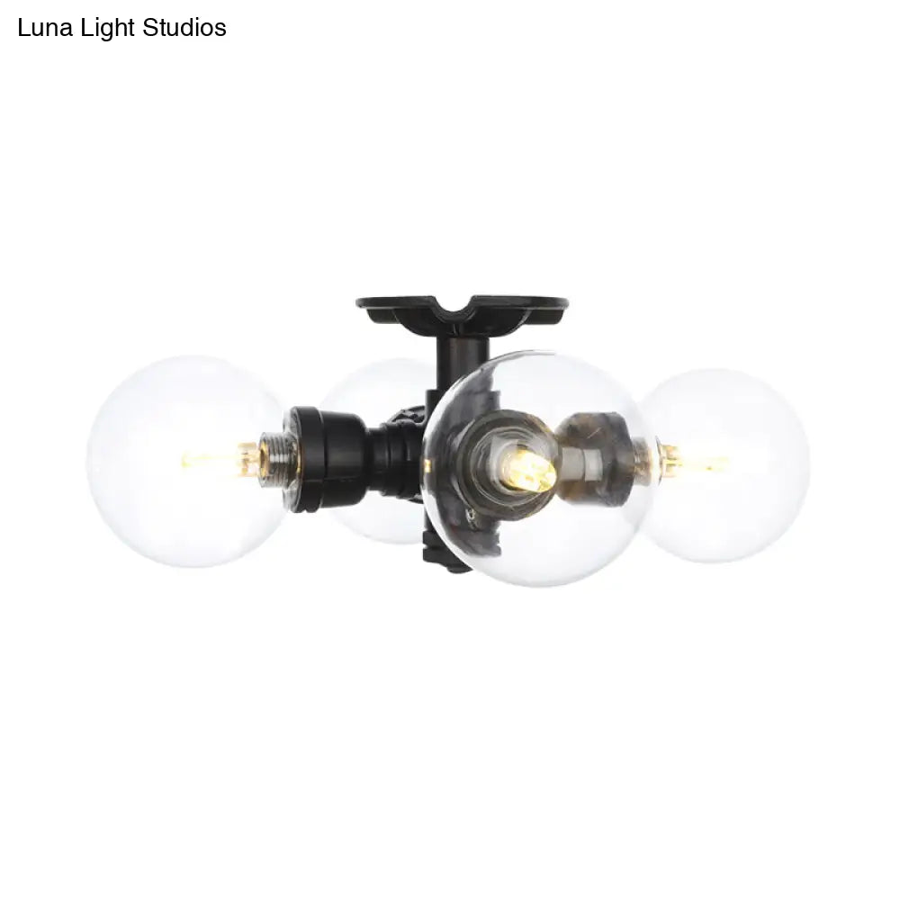 Industrial Orb Semi - Flush Clear Glass Led Lights In Black