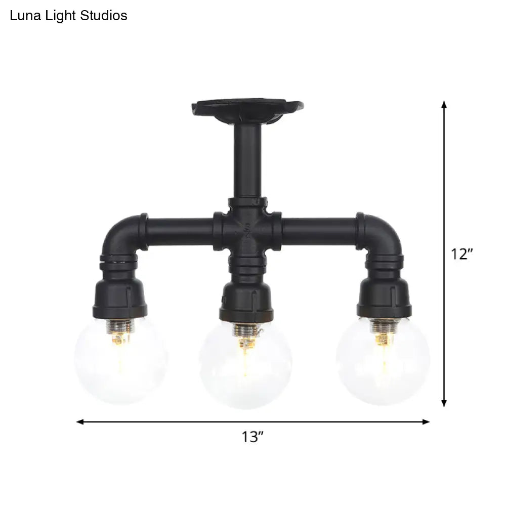 Industrial Orb Semi - Flush Clear Glass Led Lights In Black