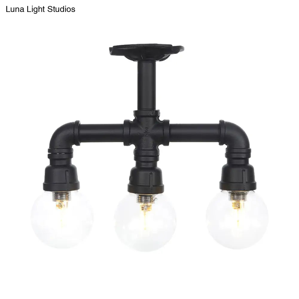 Industrial Orb Semi - Flush Clear Glass Led Lights In Black