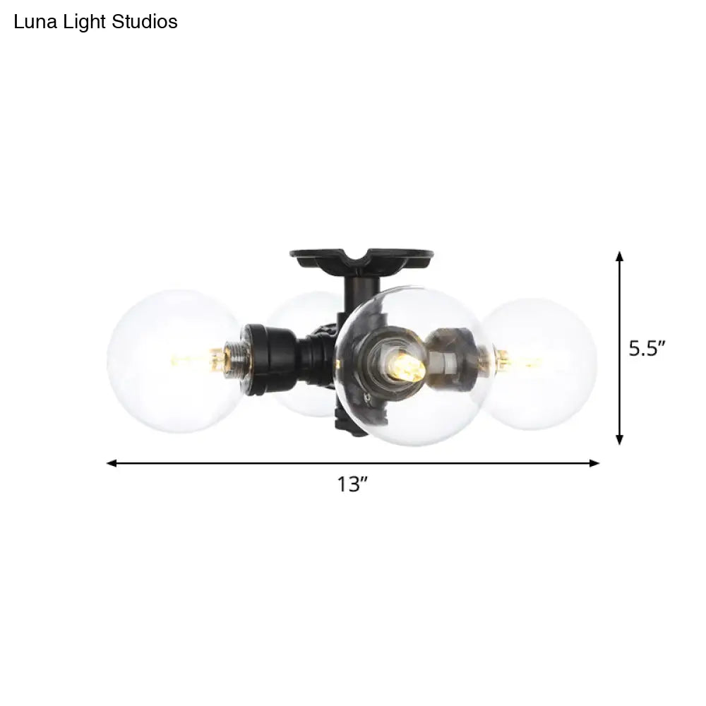 Industrial Orb Semi - Flush Clear Glass Led Lights In Black