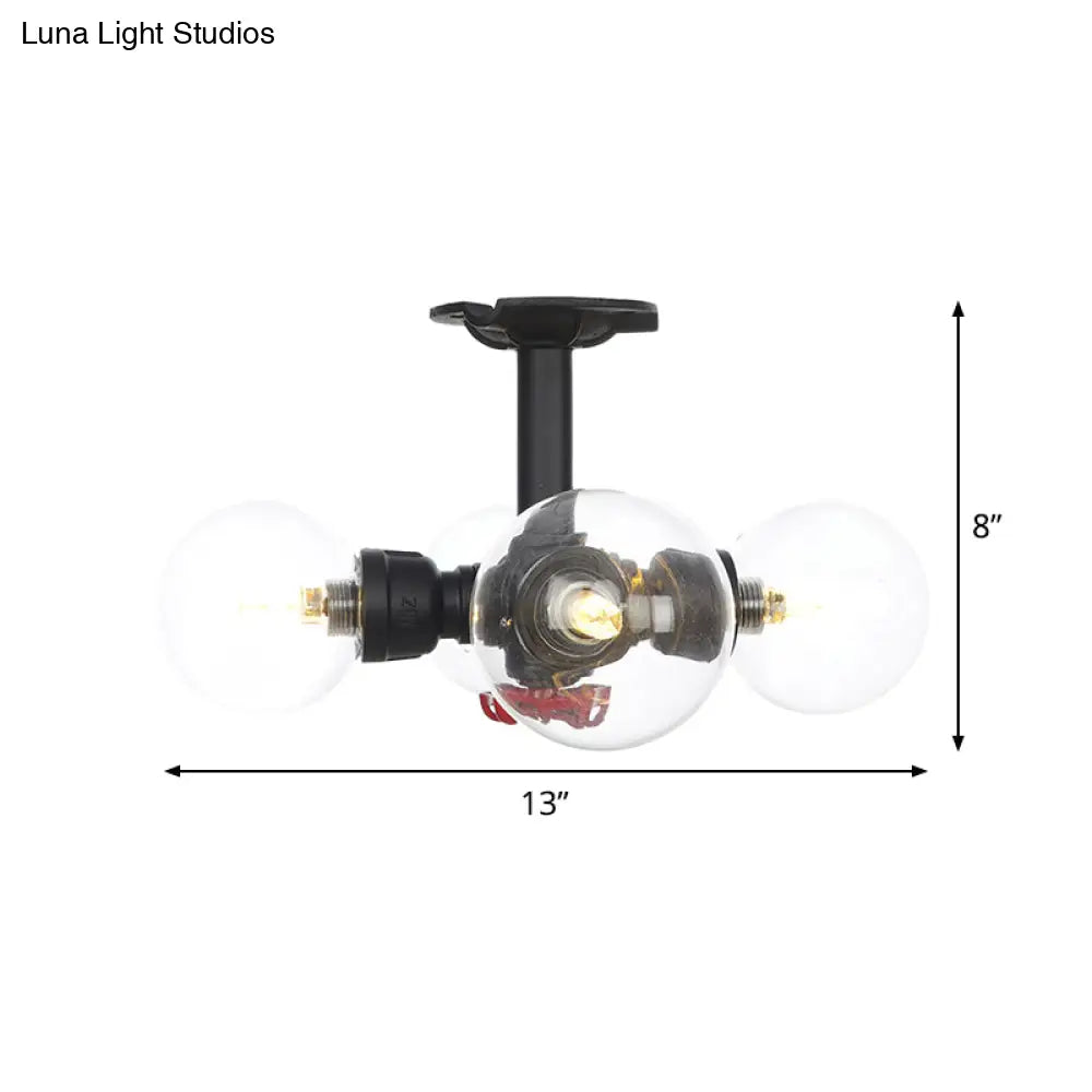 Industrial Orb Semi - Flush Clear Glass Led Lights In Black