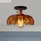 Industrial Prismatic Glass Semi - Flush Ceiling Light With Scalloped Design - White/Amber