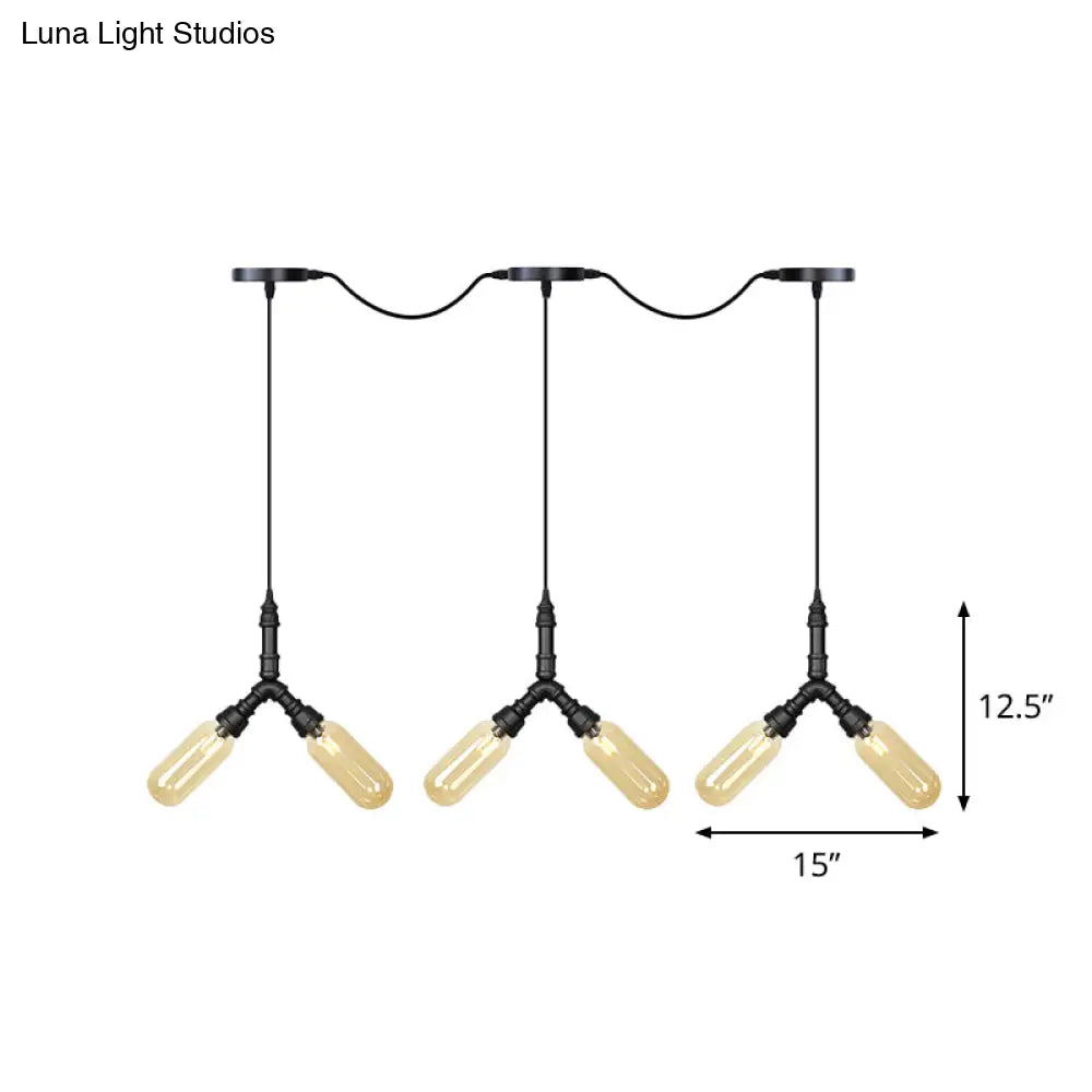 Industrial Restaurant Ceiling Light With Multi Bulbs: Tandem Pendant Lamp In Black Colored Glass