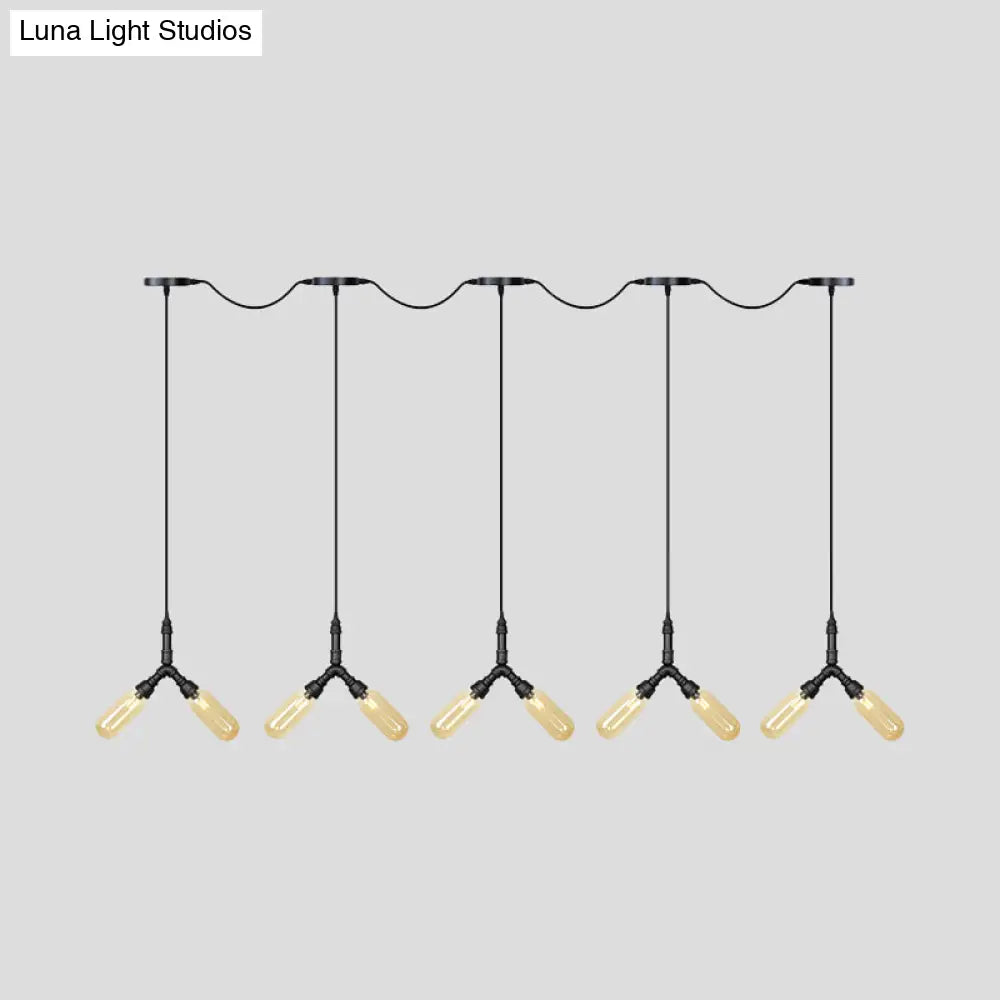 Industrial Restaurant Ceiling Light With Multi Bulbs: Tandem Pendant Lamp In Black Colored Glass