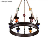 Industrial Ring Chandelier With Rustic Rope And Billiard Ball Deco - 6 Bulbs Metallic Pendant Light