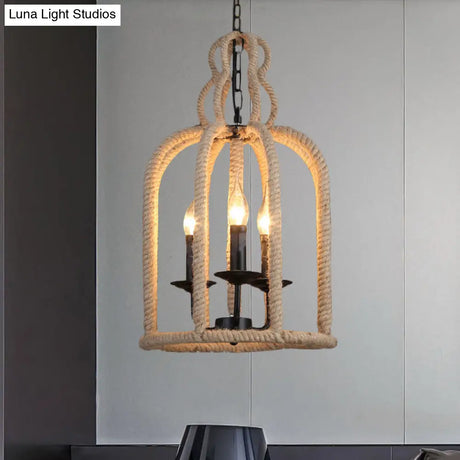 Industrial Rope Bird Cage Pendant Lamp - Beige 3 Heads Chandelier Light For Coffee Shop Ceiling