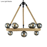Industrial Rope Chandelier With Glass Shade - Beige 9-Light Fixture For Dining Room