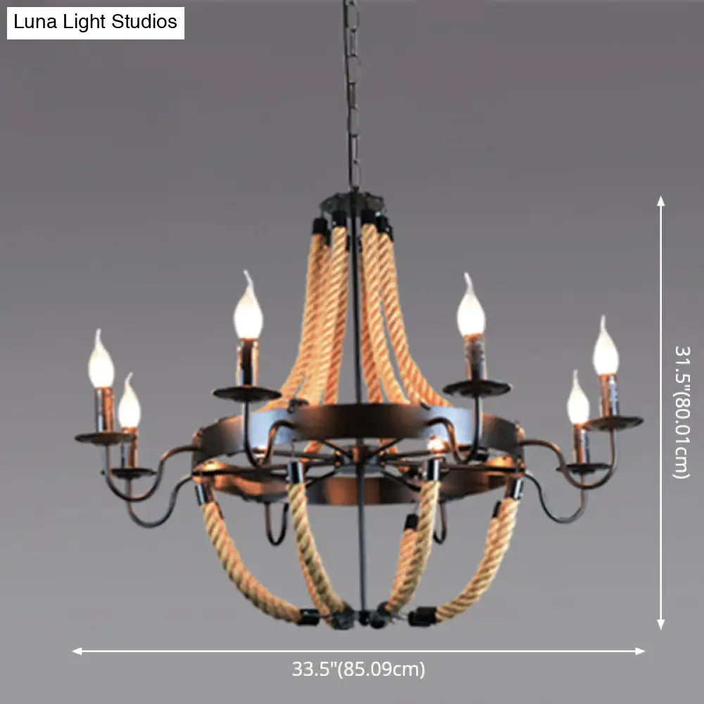 Industrial Rope Style Chandelier Pendant Lamp - Elegant Black Finish Candle Shape Adjustable 39’