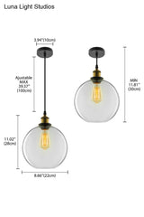 Industrial Round Pendant Light - 1 Clear Glass Hanging Lamp In Brass (8’/10’/12’ Wide)