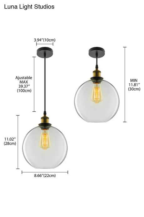 Industrial Round Pendant Light - 1 Clear Glass Hanging Lamp In Brass (8’/10’/12’ Wide)