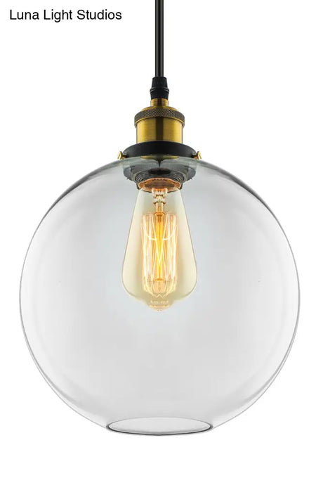 Industrial Round Pendant Light - 1 Clear Glass Hanging Lamp In Brass (8’/10’/12’ Wide)