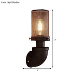 Industrial Rust Caged Metal Wall Lamp - 1-Light Cylinder Sconce For Dining Room Fixture