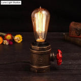 Industrial Rust Finish Metal Night Table Lamp With Valve Deco - Bare Bulb Task Light For Bedroom