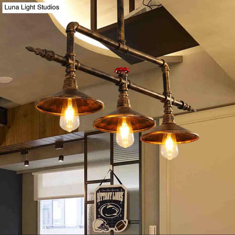 Industrial Rust Iron Hanging Ceiling Lamp With Water Pipe Design & 3 Bell-Shaped Lights
