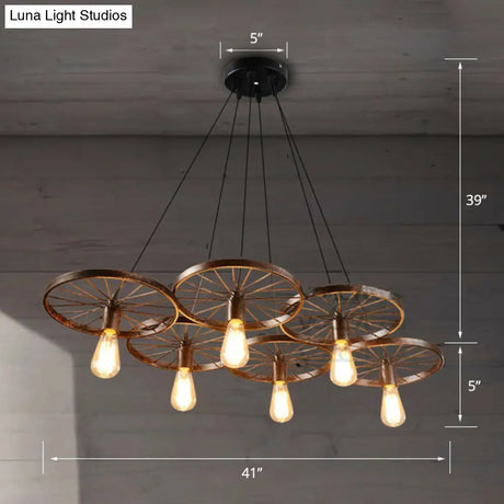 Industrial Rust Metal Chandelier: Wheel Ceiling Pendant Light For Living Room