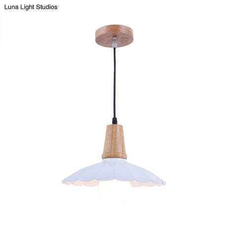Industrial Scalloped Metal Hanging Pendant Light With Wooden Cap - White/Black