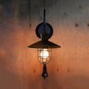 Industrial Sconce Light With Adjustable Pulley - Black Finish Clear Glass And Caged Design