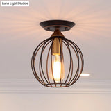 Industrial Semi Flush Ceiling Light With Caged Globe Shade - Black Metal Finish