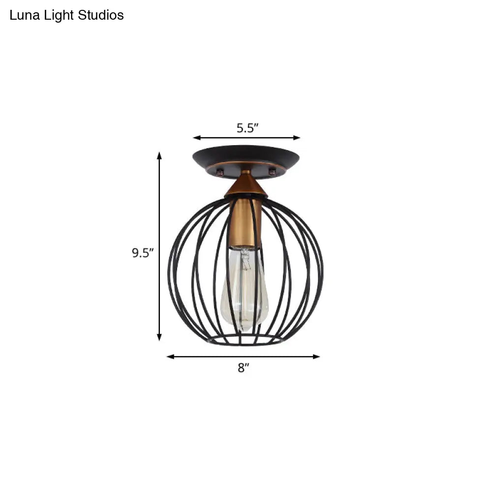 Industrial Semi Flush Ceiling Light With Caged Globe Shade - Black Metal Finish