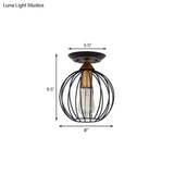 Industrial Semi Flush Ceiling Light With Caged Globe Shade - Black Metal Finish