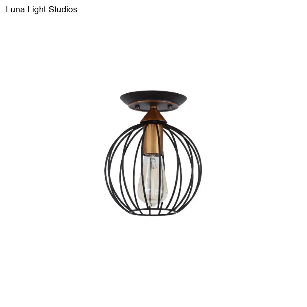 Industrial Semi Flush Ceiling Light With Caged Globe Shade - Black Metal Finish