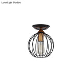 Industrial Semi Flush Ceiling Light With Caged Globe Shade - Black Metal Finish