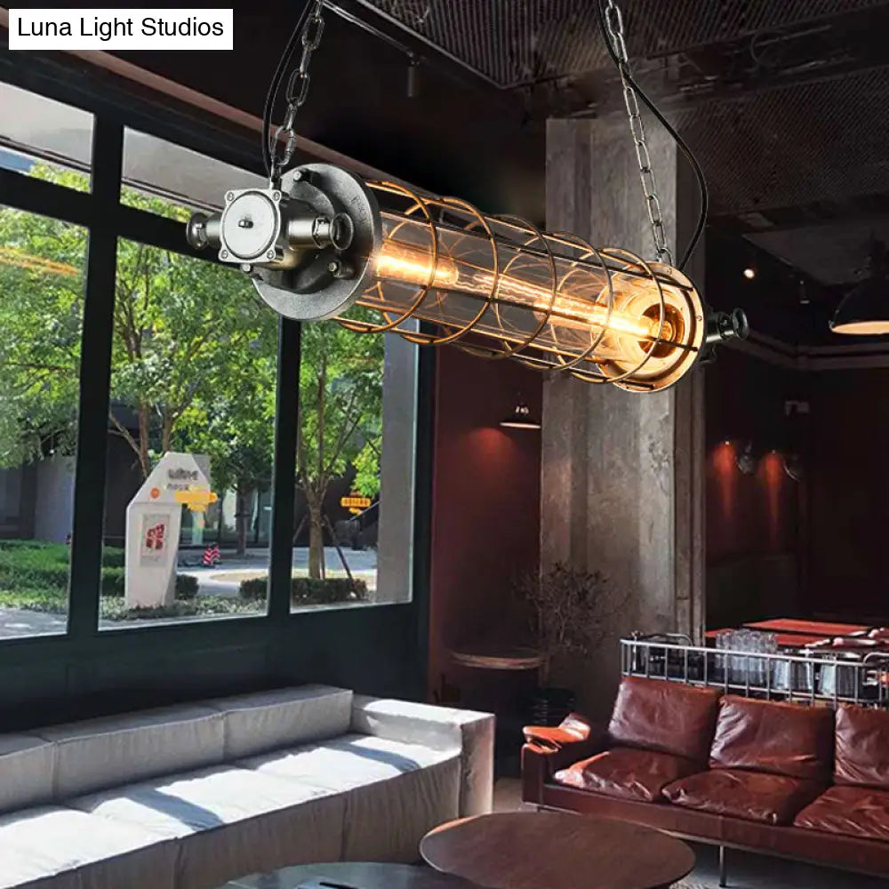Industrial Silver Metal Pendant Light With Led Clear Glass Shade - Cylindrical Wire Cage Design