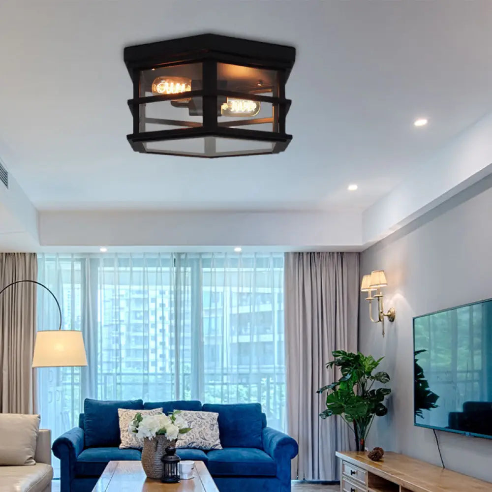 Industrial Square/Hexagon Cage Glass Ceiling Light With 2/4 Bulbs Clear/Black Flush Mount Lighting