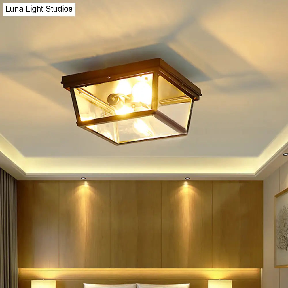 Industrial Square/Hexagon Cage Glass Ceiling Light With 2/4 Bulbs Clear/Black Flush Mount Lighting