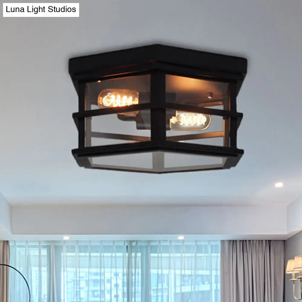 Industrial Square/Hexagon Cage Glass Ceiling Light With 2/4 Bulbs Clear/Black Flush Mount Lighting