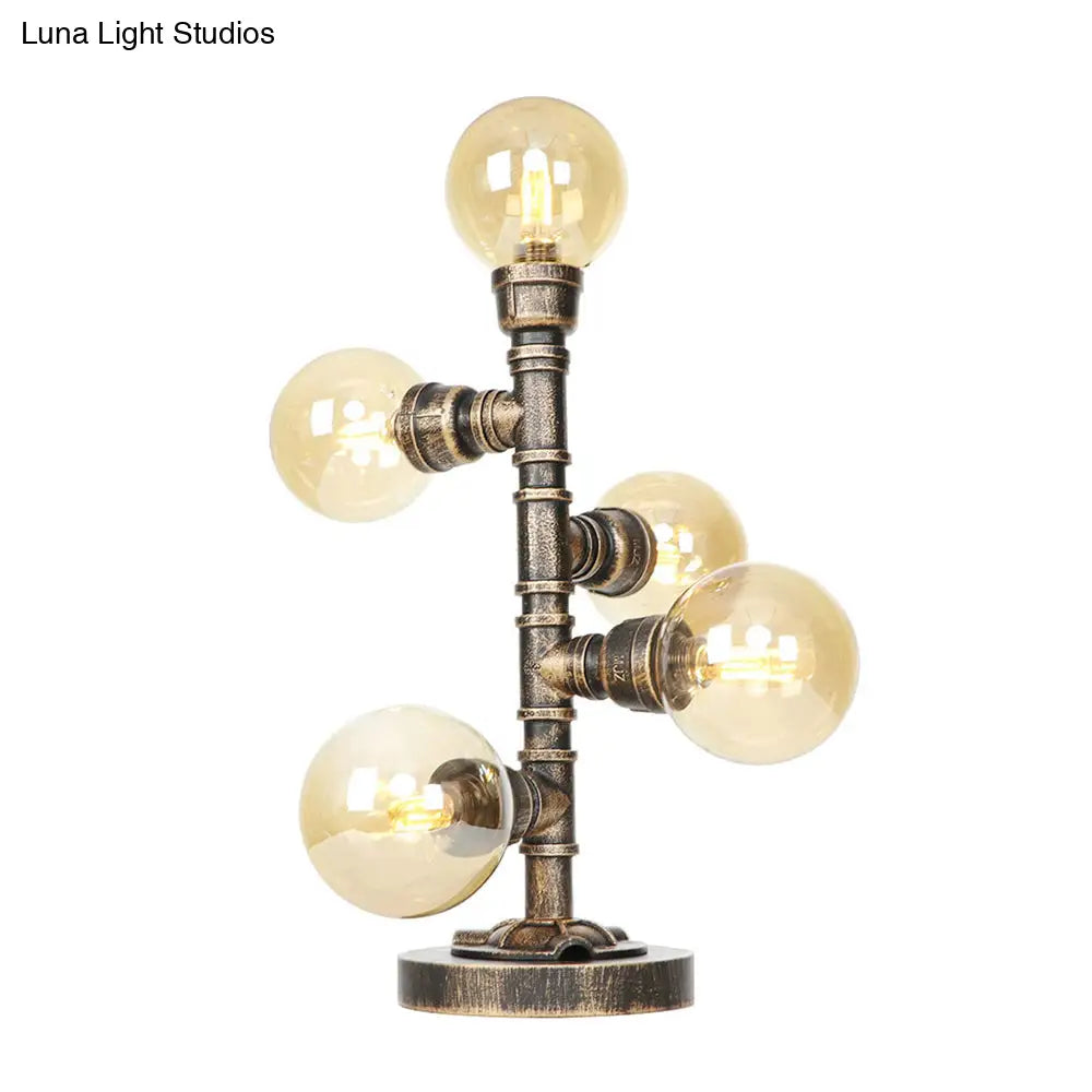 Industrial Study Room Task Lighting: 5-Light Table Light With Clear/Amber Glass Shade Base Included