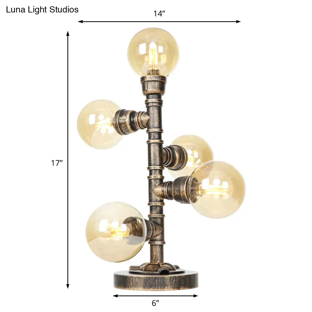 Industrial Study Room Task Lighting: 5-Light Table Light With Clear/Amber Glass Shade Base Included
