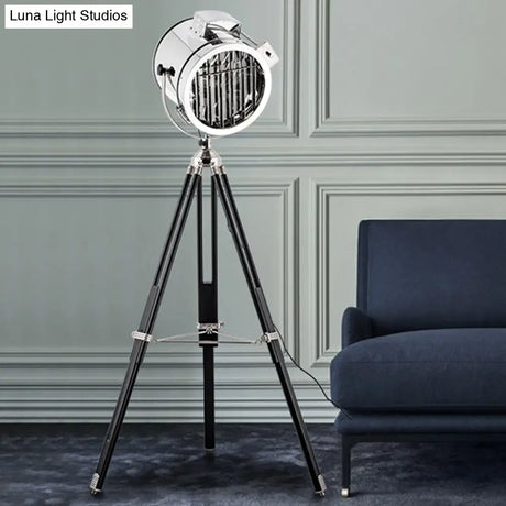 Industrial Style 1-Head Metallic Cylinder Spotlight Floor Lamp In Black/Wood With Tripod