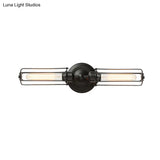 Industrial Style 2-Light Tube Cage Wall Lamp In Rust/Black For Hallway/Corridor Lighting