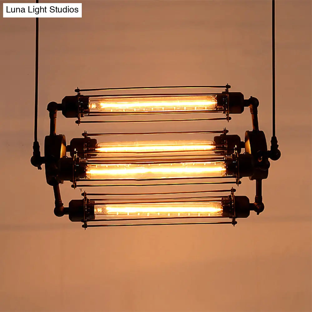 Industrial Style 4-Light Chandelier with Tube Cage Shade - Vertical/Horizontal Indoor Hanging Lamp in Black