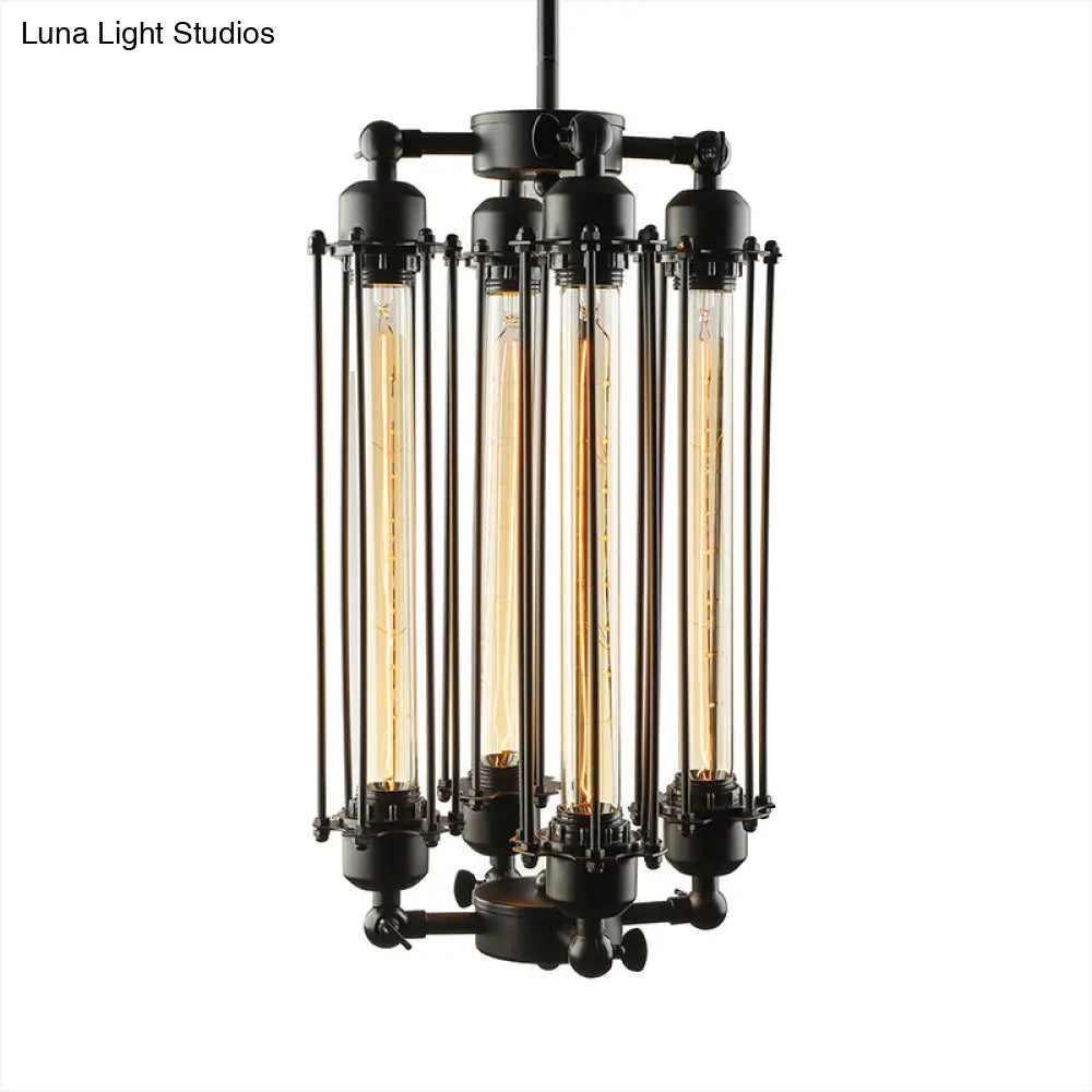 Industrial Style 4-Light Chandelier with Tube Cage Shade - Vertical/Horizontal Indoor Hanging Lamp in Black