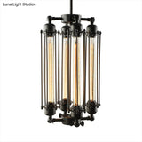 Industrial Style 4-Light Chandelier with Tube Cage Shade - Vertical/Horizontal Indoor Hanging Lamp in Black