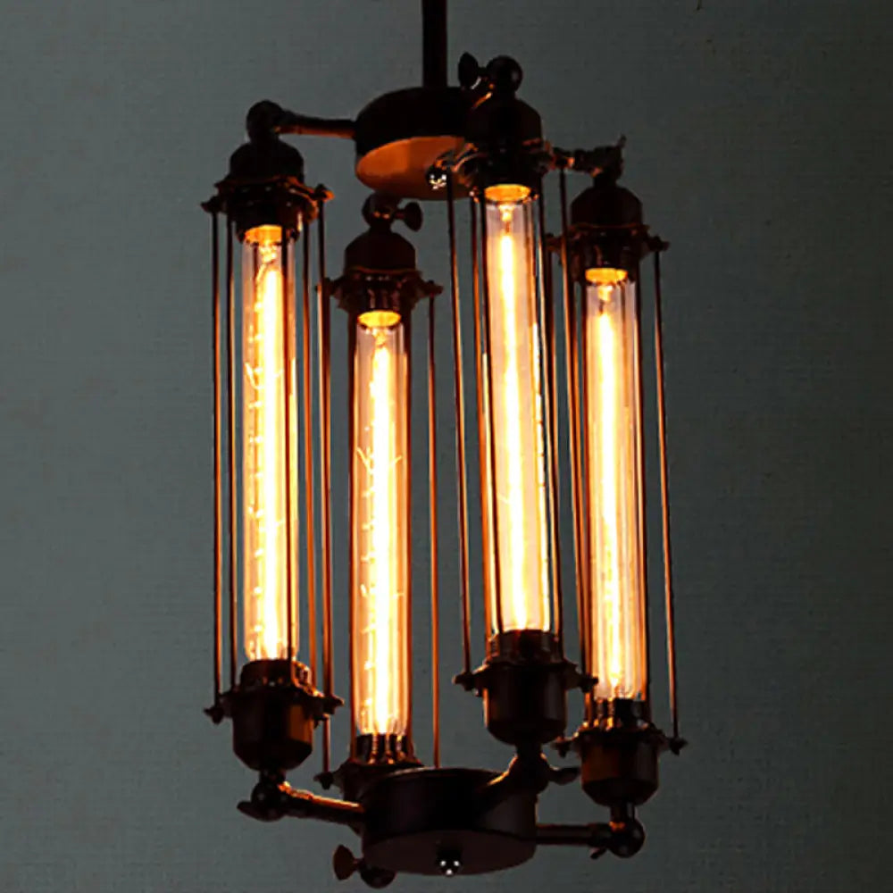 Industrial Style 4-Light Chandelier with Tube Cage Shade - Vertical/Horizontal Indoor Hanging Lamp in Black Black